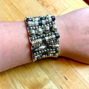 1.5” Wide Silver Tone Beaded Wire Wrapped Cuff Bracelet